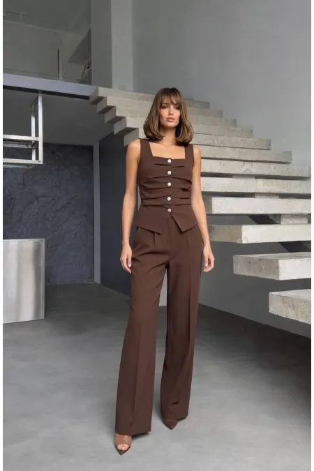 Ön Detay Yelek Pantolon Takım - Kahve