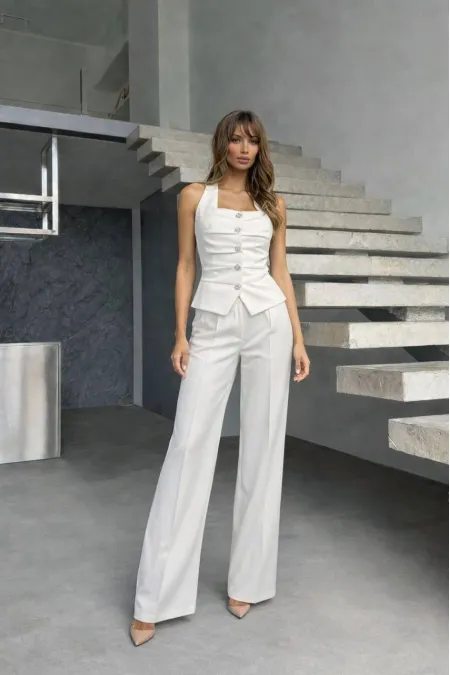 Ön Detay Yelek Pantolon Takım - Beyaz