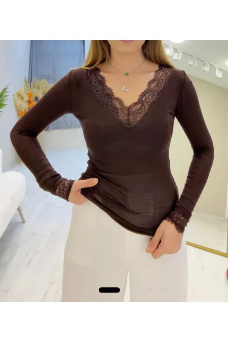 Dantel Detay Bluz - Kahverengi