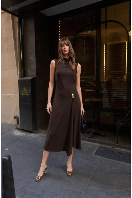 Toka Detay Elbise - Kahve