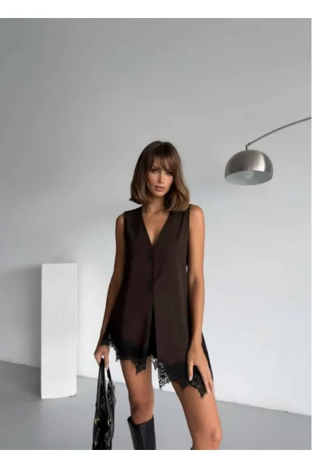 Gilet à détails en dentelle croisée - Café