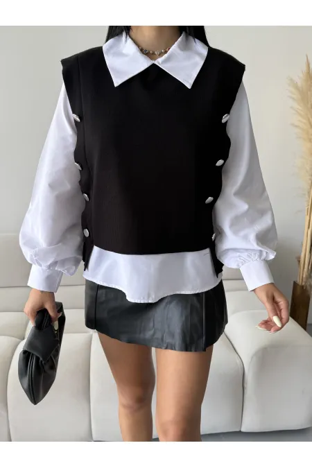 Chemise à détails en maille 2344 - Noire