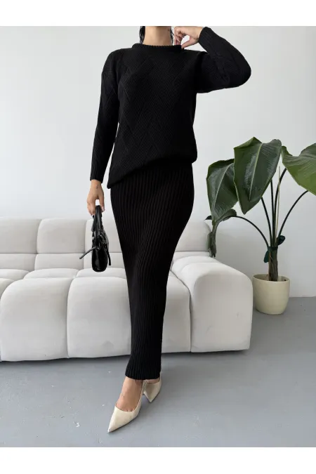 Ensemble jupe, pull et tricot 1558 - Noir