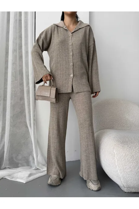 Ensemble hijab rayé en maille décontractée 1554 - Beige