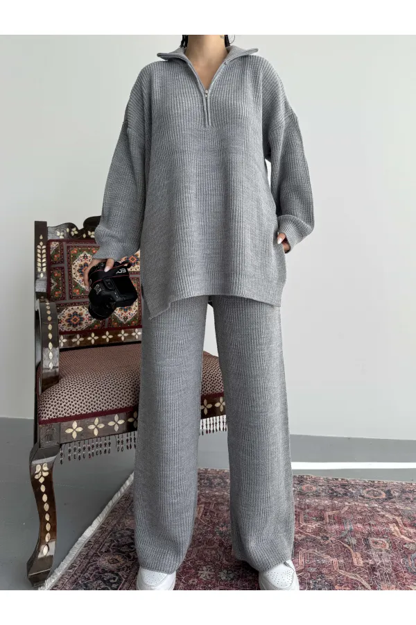 Zippered Knitwear Suit 1556 - Gray