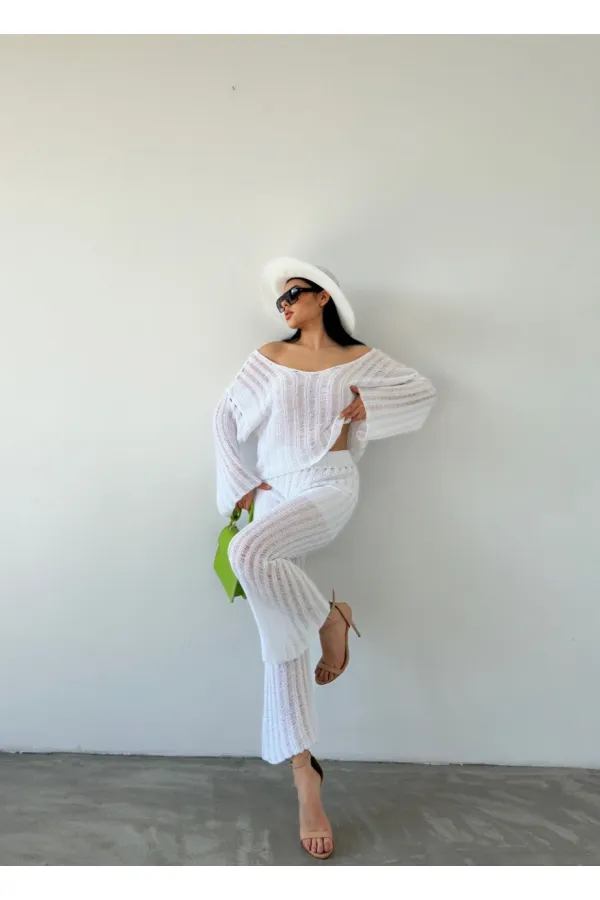 Ensemble en maille ajourée - Blanc