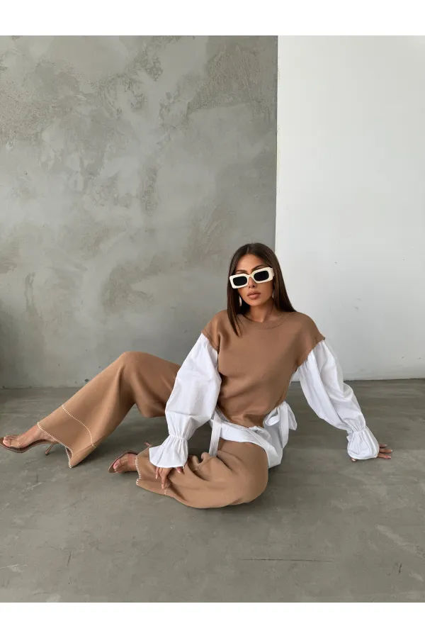 Gömlek Detay Triko Takım - 1503 Kamel