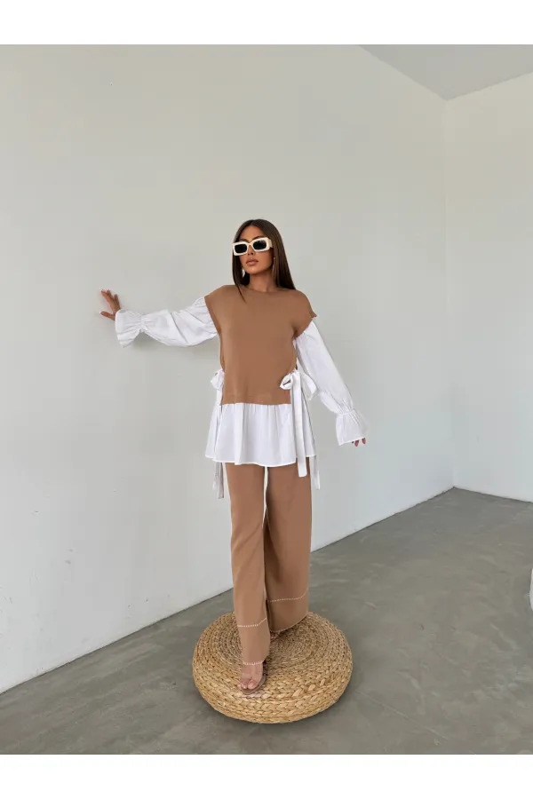 Gömlek Detay Triko Takım - 1503 Kamel