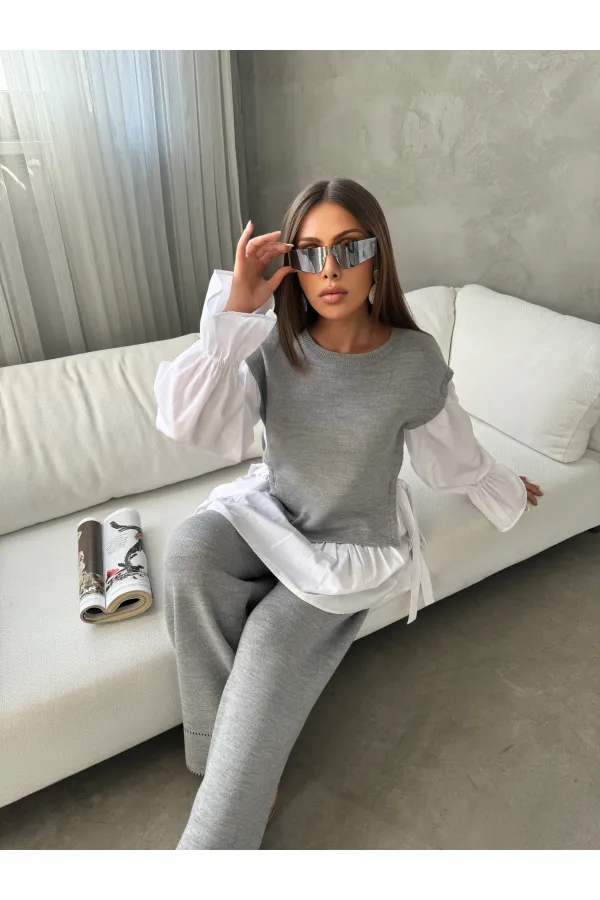 Shirt Detail Knit Set - 1503 Grey
