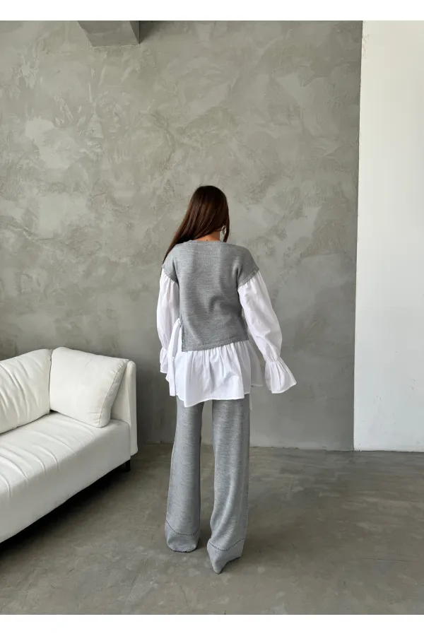 Shirt Detail Knit Set - 1503 Grey