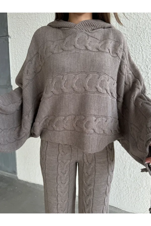 Kapşonlu Triko Takım 1509 Vizon