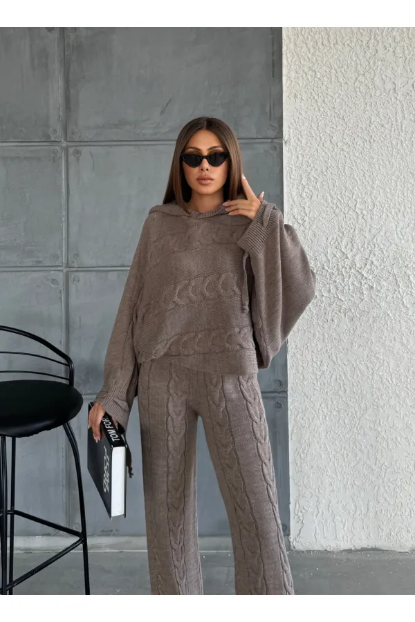 Kapşonlu Triko Takım 1509 Vizon