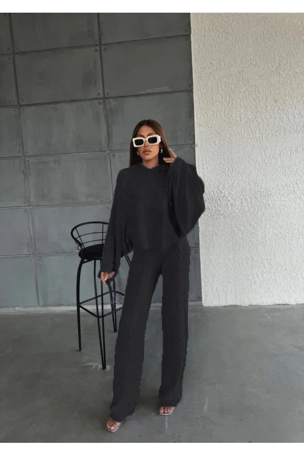Kapşonlu Triko Takım 1509 Siyah