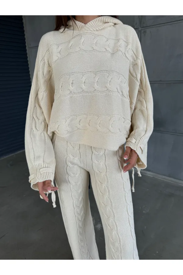 Kapşonlu Triko Takım 1509 Ekru