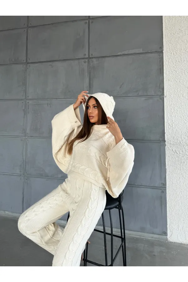 Kapşonlu Triko Takım 1509 Ekru