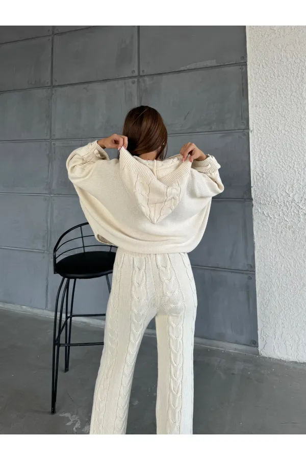 Kapşonlu Triko Takım 1509 Ekru