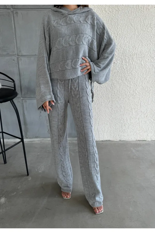 Kapşonlu Triko Takım 1509 Gri
