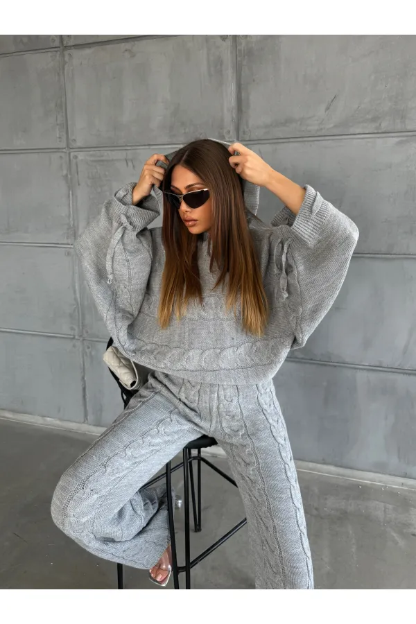Kapşonlu Triko Takım 1509 Gri