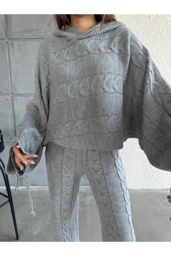 Kapşonlu Triko Takım 1509 Gri