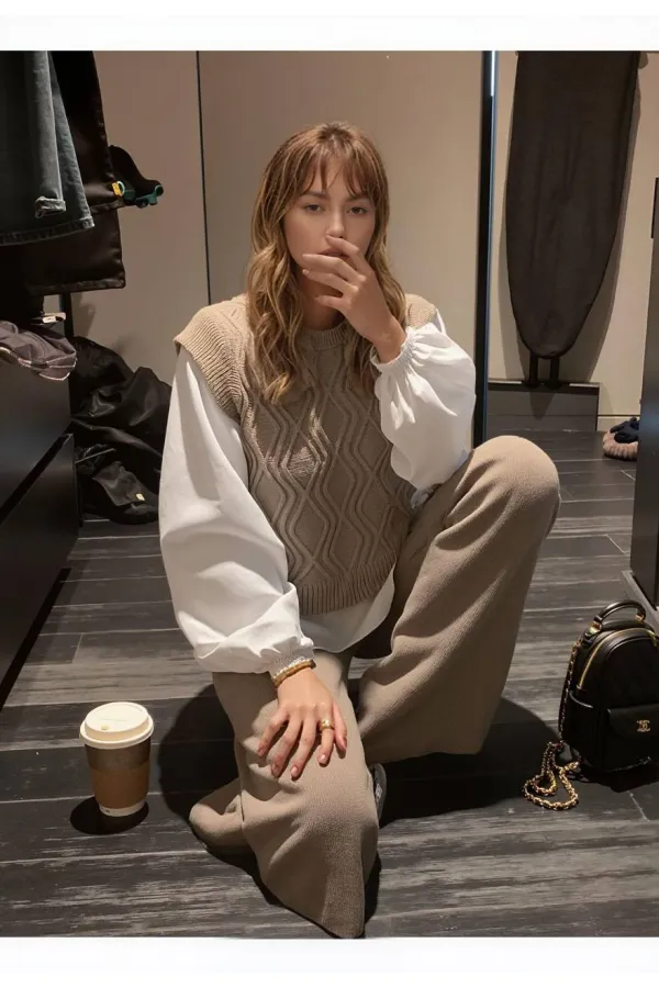 Shirt Detail Knit Set - 1561 Mink