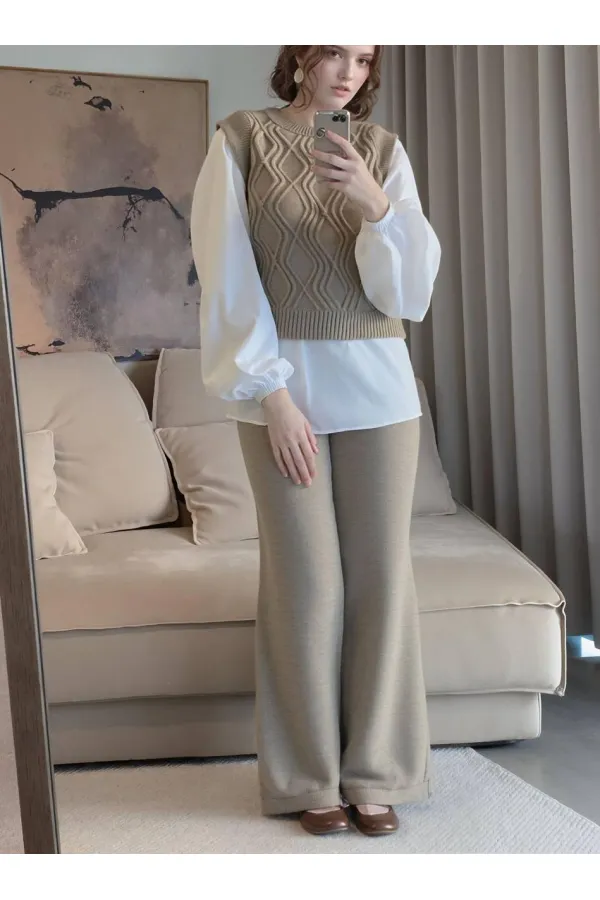 Shirt Detail Knit Set - 1561 Mink