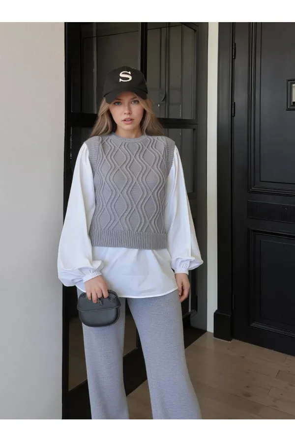 Shirt Detail Knit Set - 1561 Grey