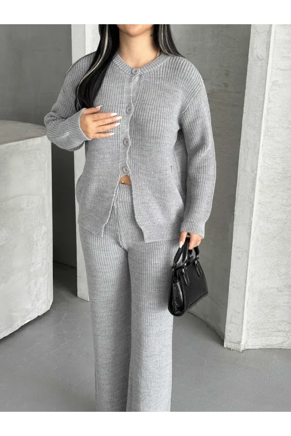 Düğme Detay Triko Takım 1565 - Gri