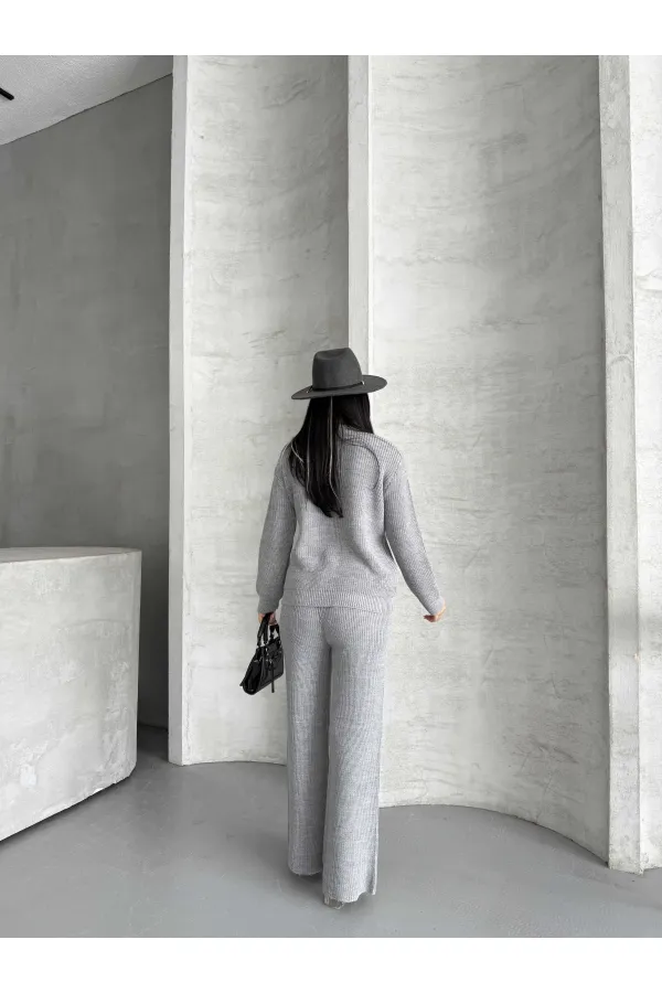 Düğme Detay Triko Takım 1565 - Gri