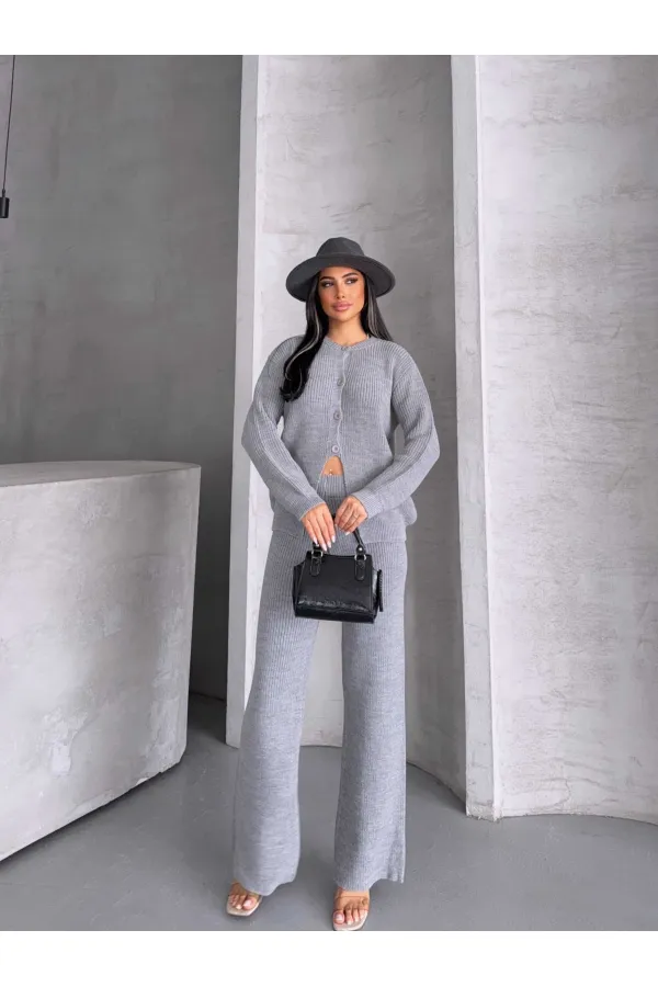 Düğme Detay Triko Takım 1565 - Gri