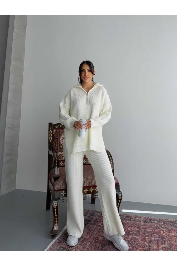 Zippered Knitwear Suit 1556 - White
