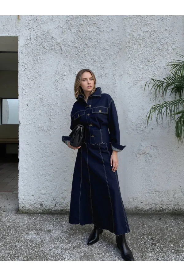 Ensemble veste crantée, jupe et jean - Bleu marine 1800