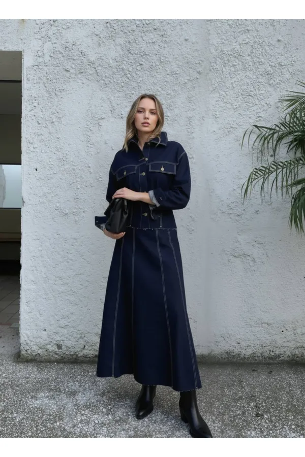 Ensemble veste crantée, jupe et jean - Bleu marine 1800