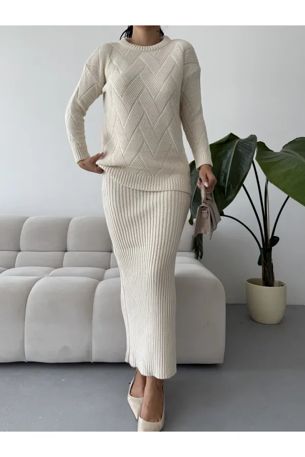 Skirt Sweater Knitwear Set 1558 - Bone