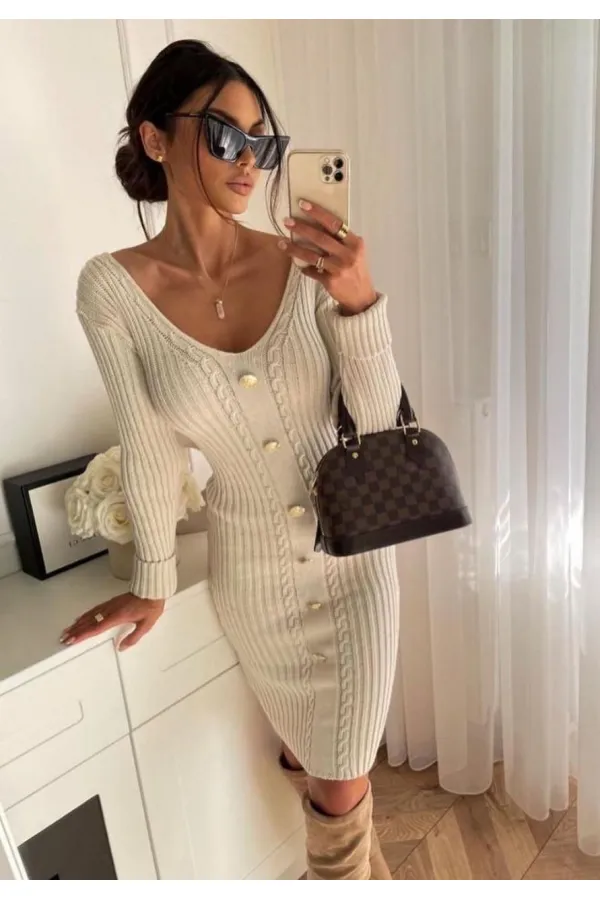 Button Detail Knit Dress 877 - Beige