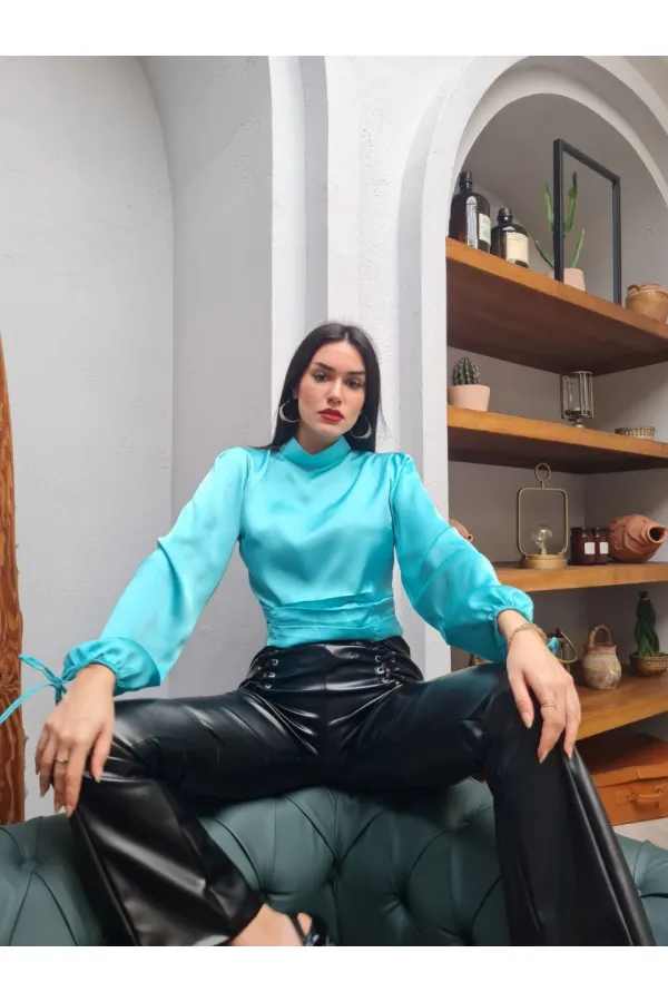 Kısa Saten Bluz - Turkuaz