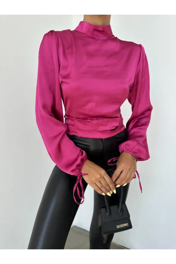 Kısa Saten Bluz - Fuşya