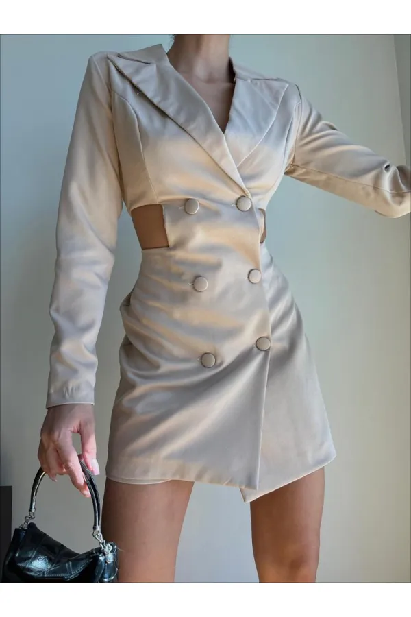 Side Detail Short Dress - Beige