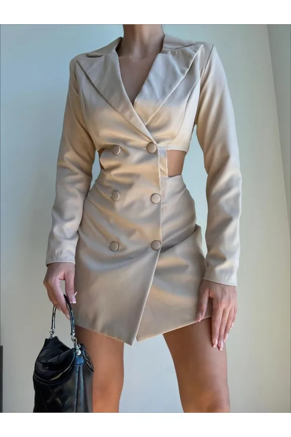 Side Detail Short Dress - Beige