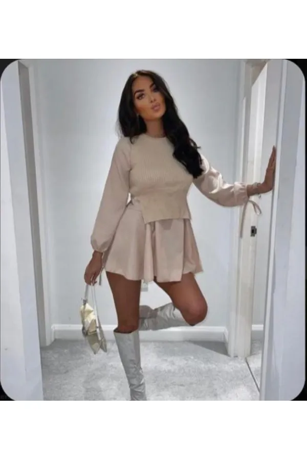 Knitted Detail Dress - Beige