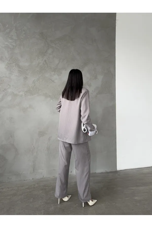 Çizgili Ceket Pantolon İkili Takım - Gri