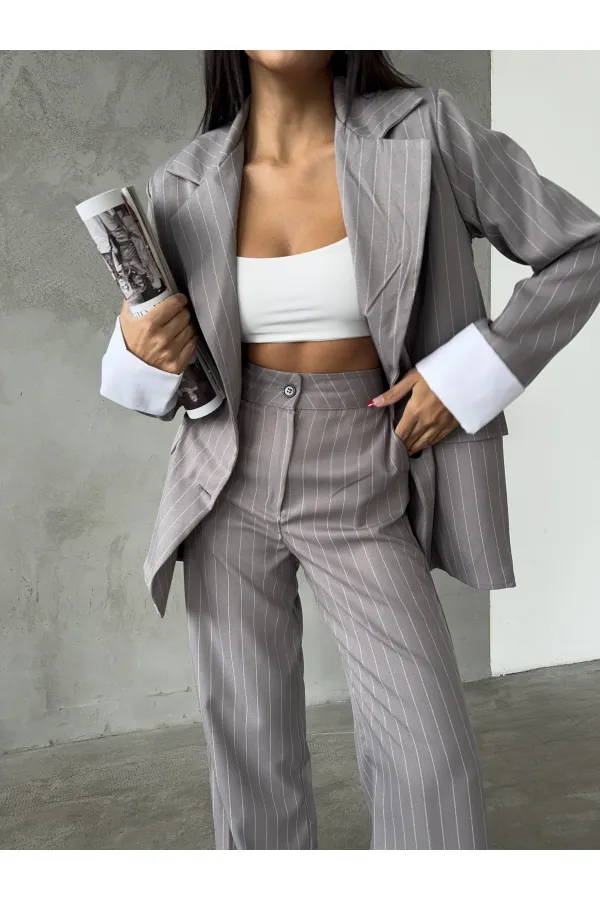 Çizgili Ceket Pantolon İkili Takım - Gri