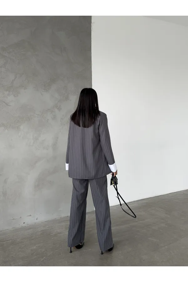 Çizgili Ceket Pantolon İkili Takım - Antrasit