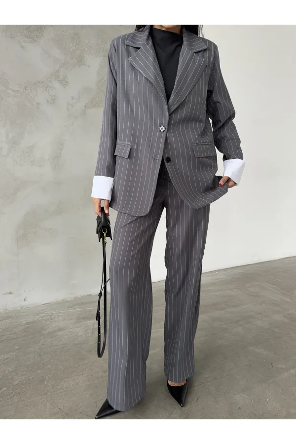 Çizgili Ceket Pantolon İkili Takım - Antrasit