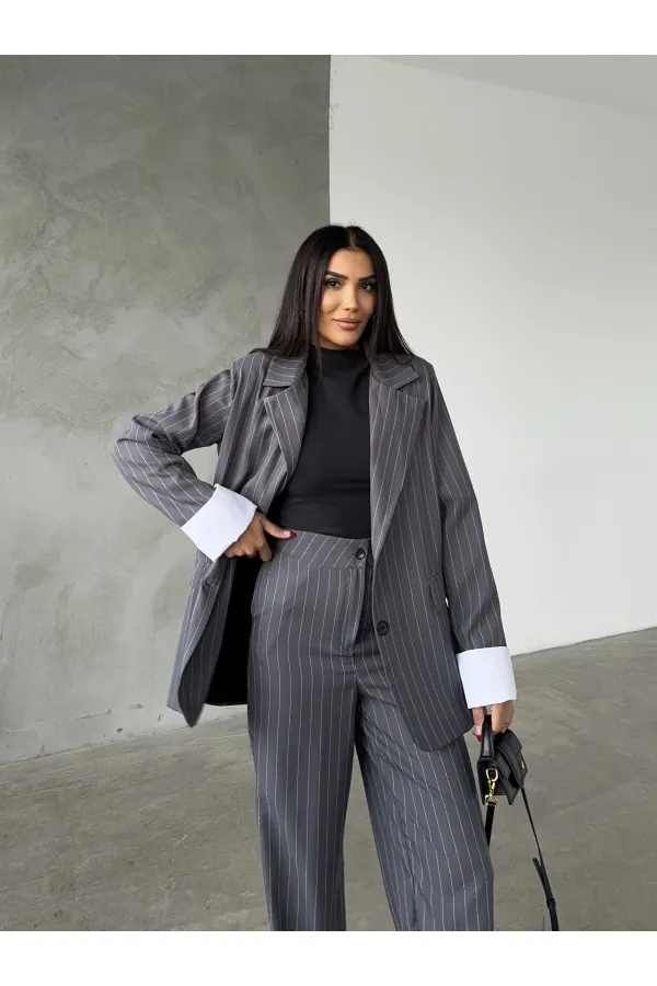 Çizgili Ceket Pantolon İkili Takım - Antrasit