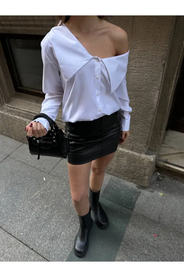 Kayık Yaka Gömlek - Beyaz