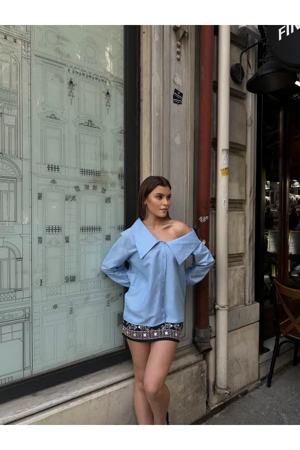 Kayık Yaka Gömlek - Mavi