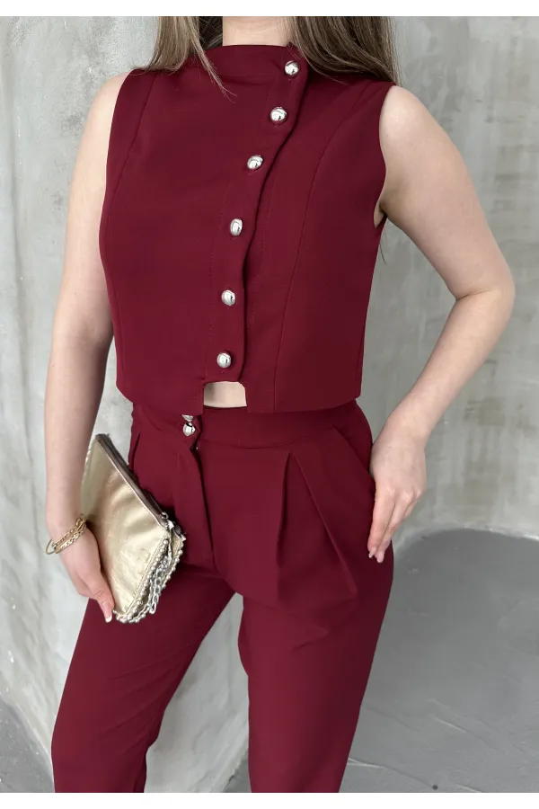 Düğme Detay Yelek Pantolon Takım - Bordo