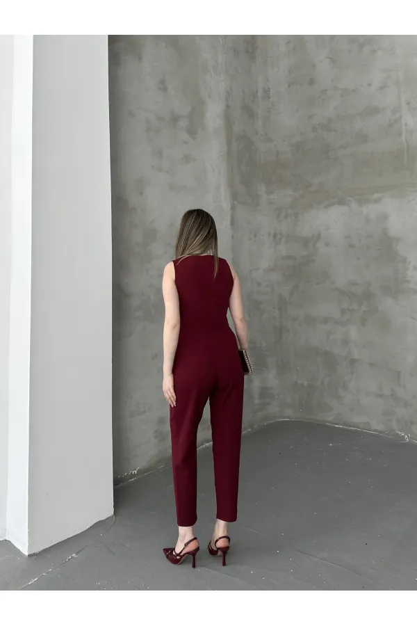 Düğme Detay Yelek Pantolon Takım - Bordo