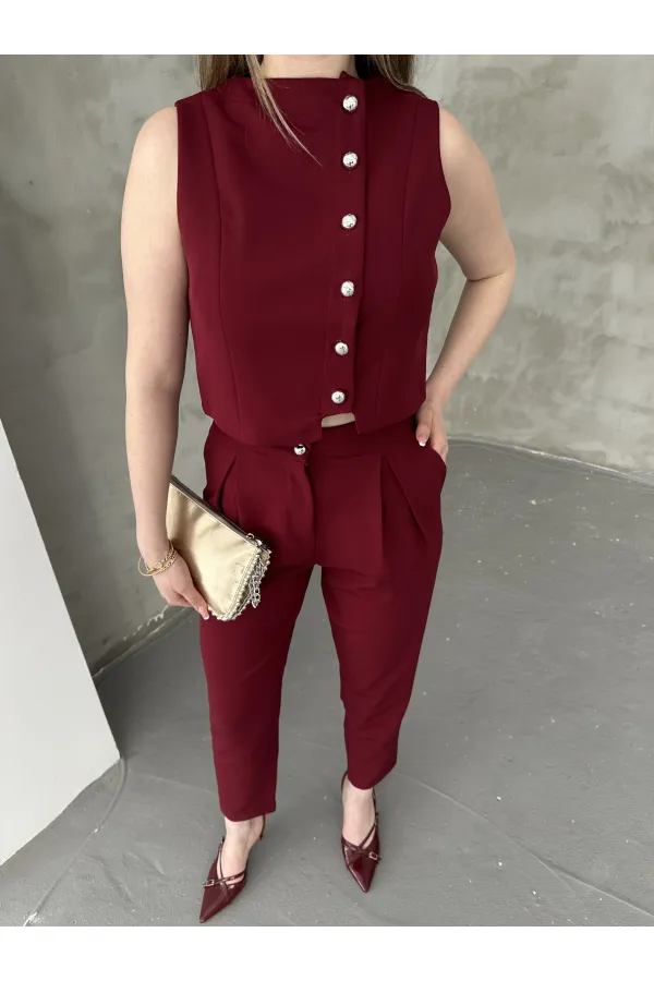 Düğme Detay Yelek Pantolon Takım - Bordo