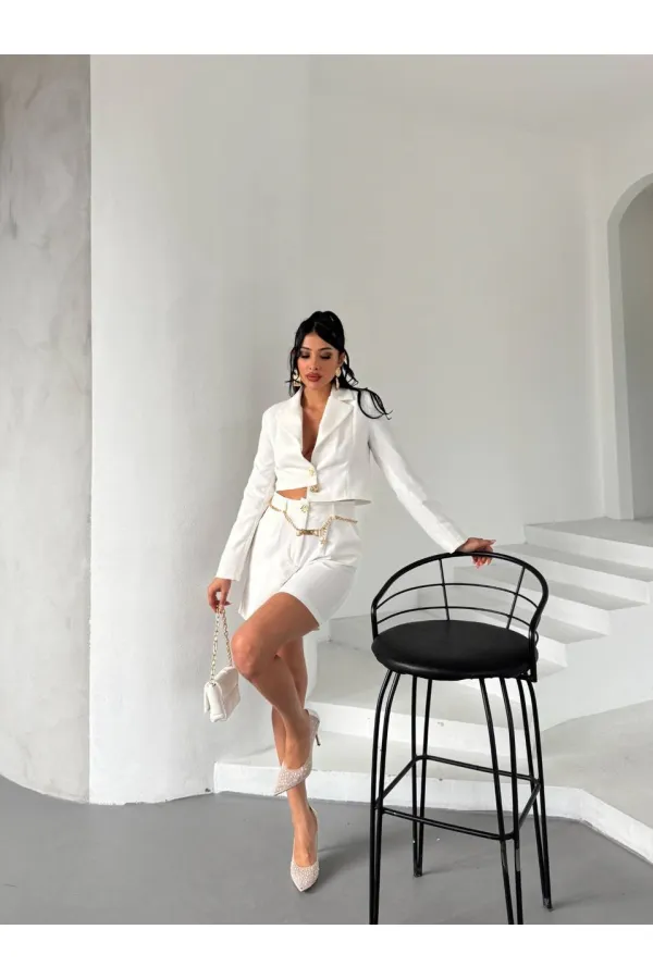 Zincir Kemer Ceket Şort Takım - Beyaz